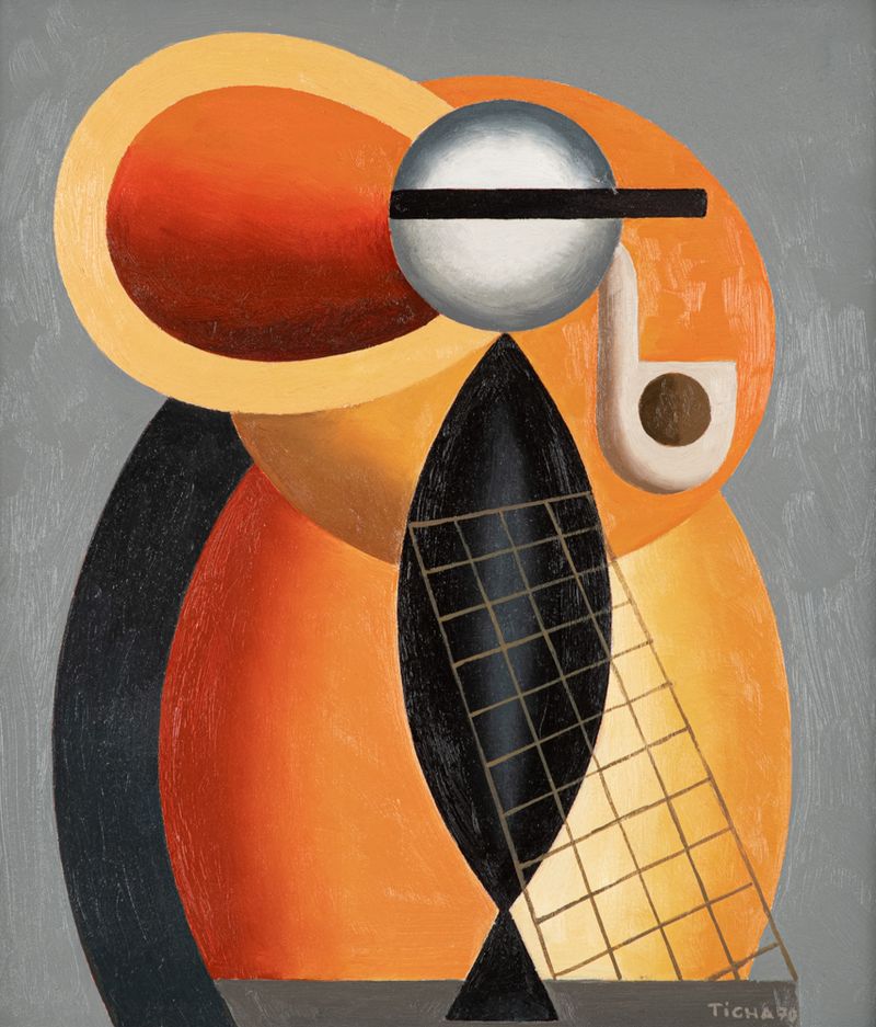 Hans Ticha, Fischer (schwarzer Fisch), Öl auf Leinwand auf Hartfaser, 1970, 400 x 355 mm