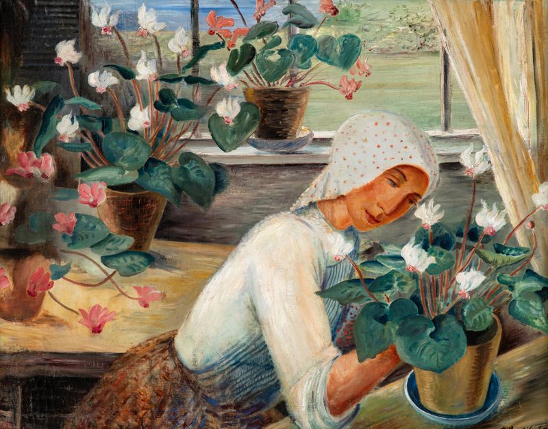 Alfred Partikel, Zyklamen, Öl auf Leinwand, auf Hartfaser, 1927, 675 x 863 mm