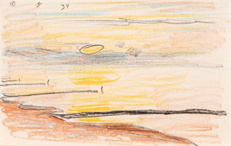 Lyonel Feininger, Sonnenuntergang an der Ostseeküste (Sunset on the Baltic Sea), Wachskreide auf Papier, 1934, 141 x 222 mm