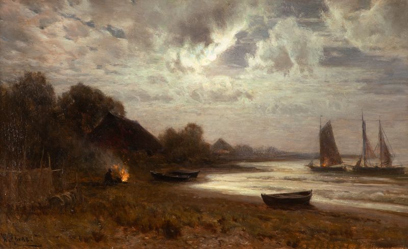 Walter Moras, Ahrenshooper Strand bei Vollmond, Öl auf Leinwand, o. J., 600 x 990 mm
