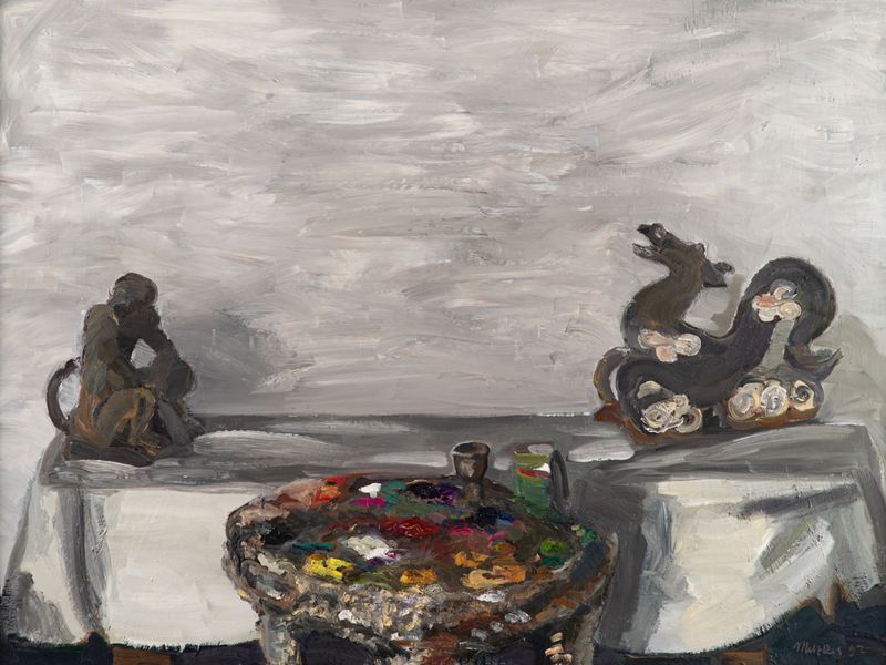 Harald Metzkes, Drache und Affe, Öl auf Leinwand, 1992, 900 x 1200 mm