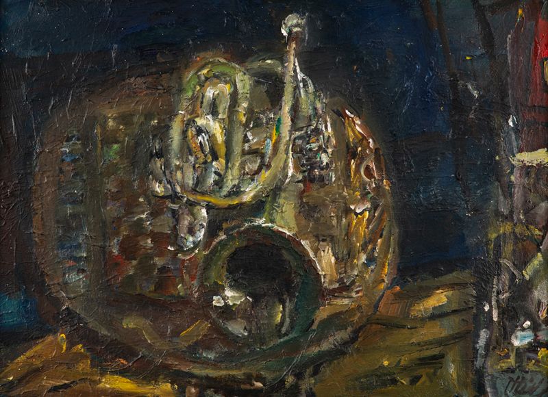 Bernhard Heisig, Alte Trompete, Öl auf Hartfaser, um 1975, 508 x 700 mm